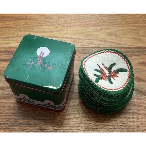 Vintage 1985 INTERPUR® Christmas Paper Coasters Doily Tin Container Box Candles - Picture 2 of 9